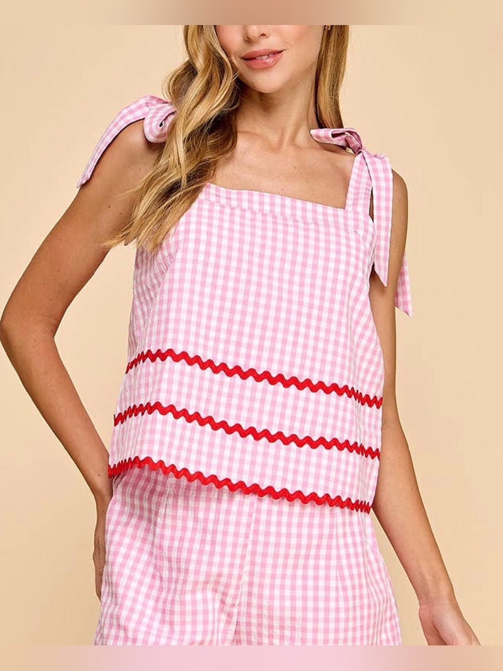 TCEC Pink Gingham Tie-Shoulder Tank with Red Trim